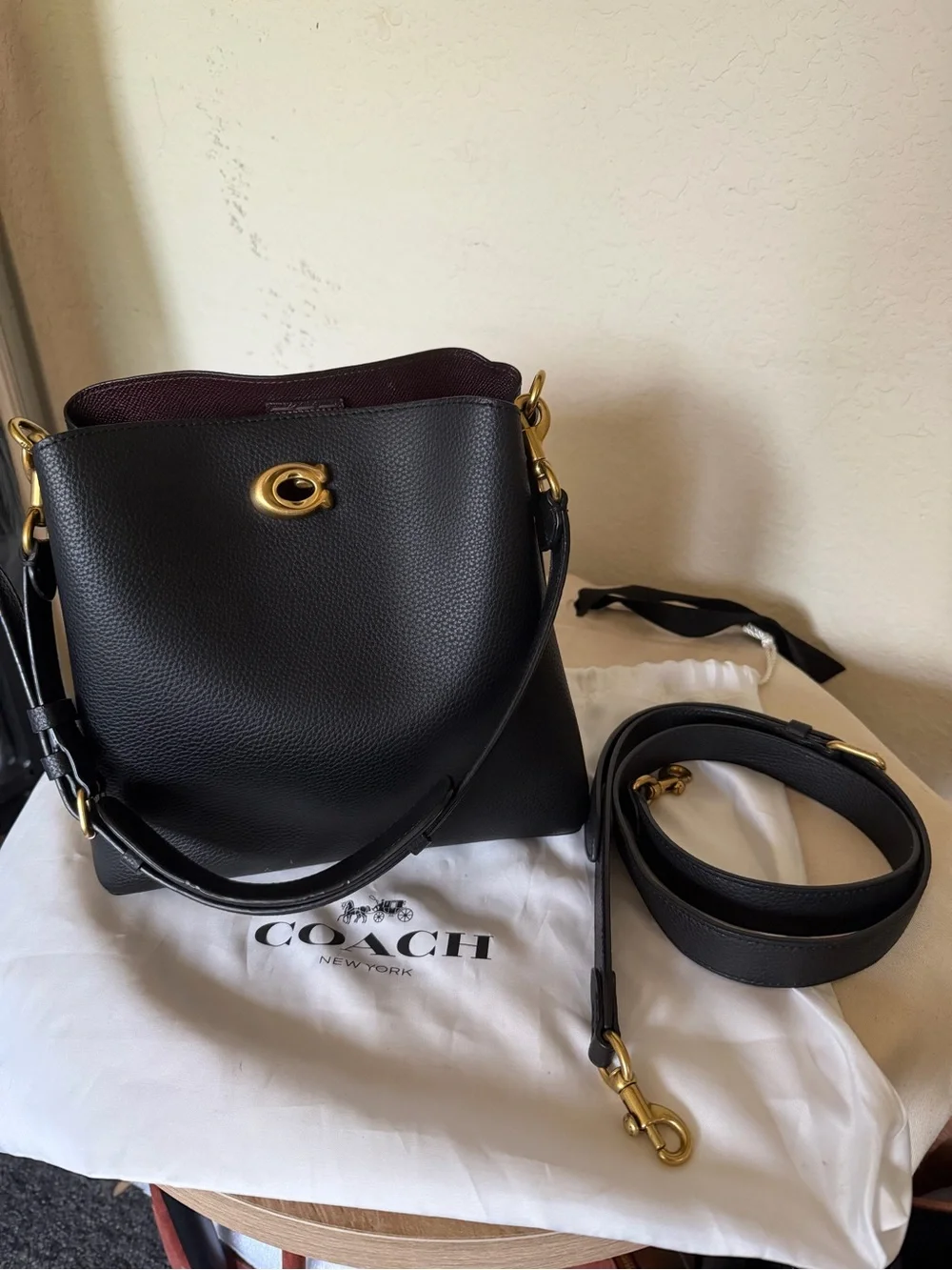 Coach Willow Black Pebbled Leather Bucket Bag with Burgundy Interior